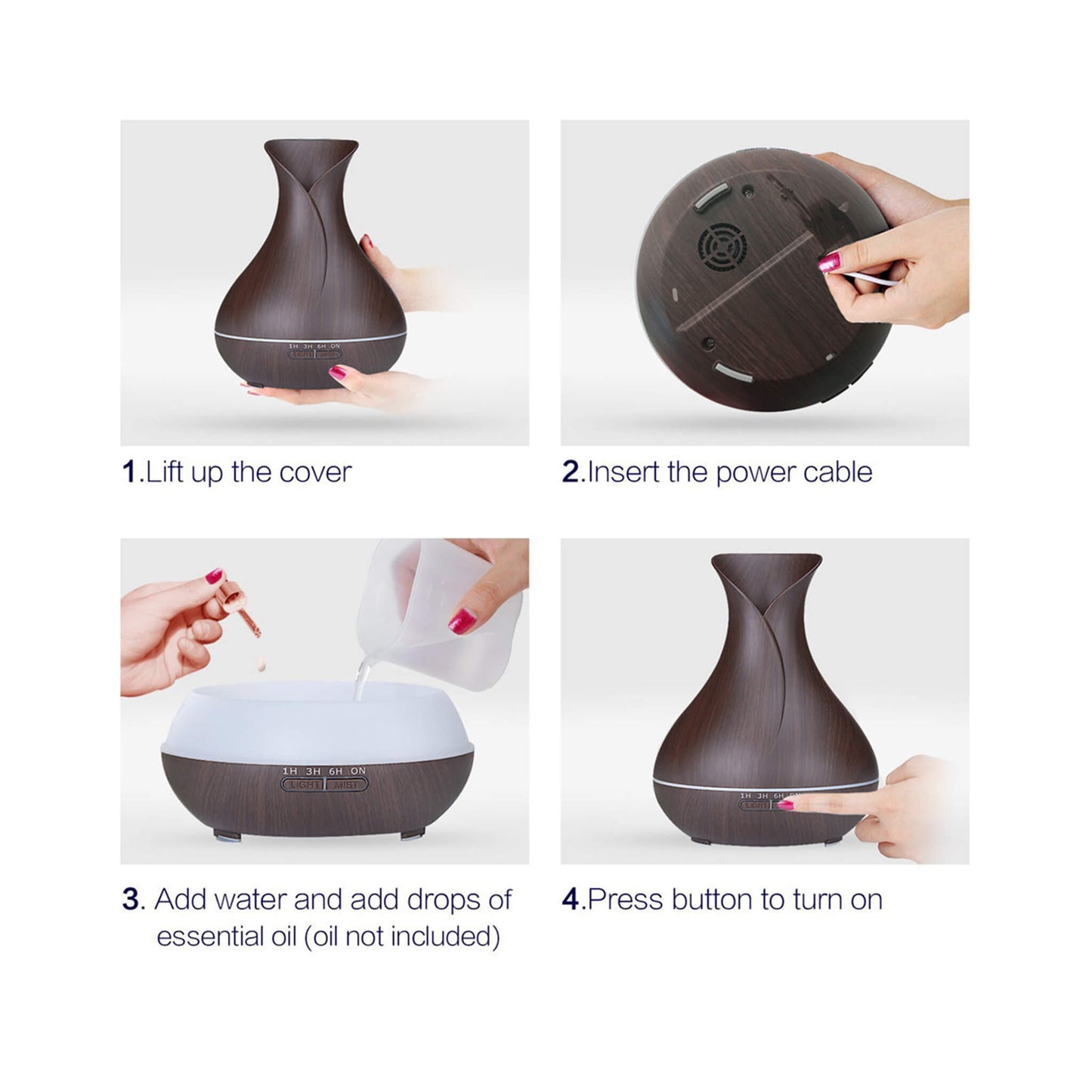 Detailweergave van de bedieningsknoppen op de aroma diffuser.
